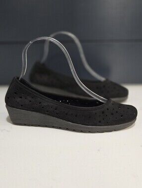 THE FLEXX Black Perforated Wedge Ballet Slip On Shoe Soft Leather Size 6